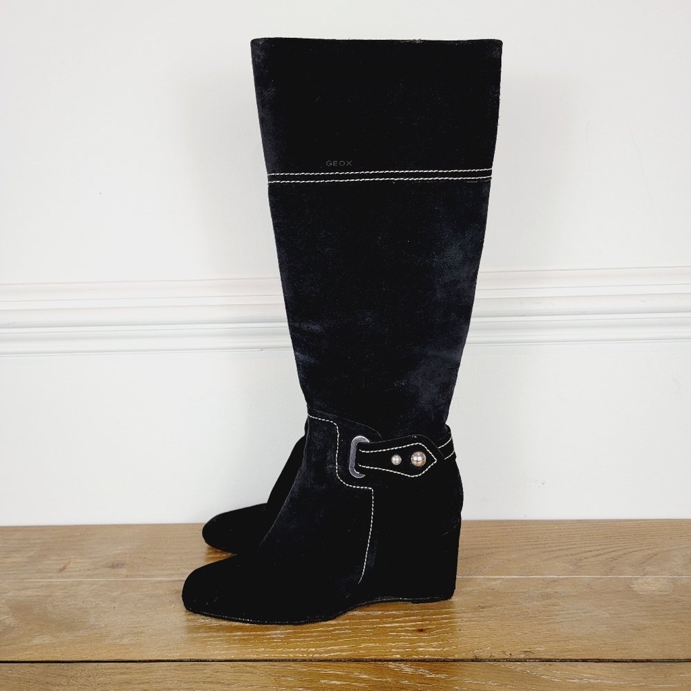 Geox Suede Black Wedge Knee High Boots Size 38